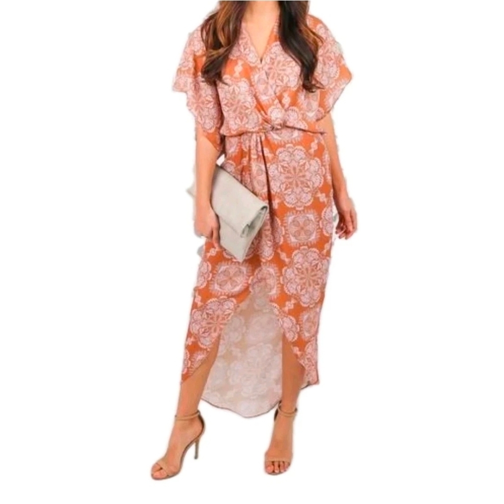 L'ATISITE size Small Madallion Print V Neck Wrap Maxi Dress Kaftan Sleeve Brown